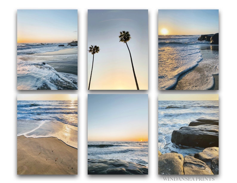 Ocean Wall Art San Diego Art Coastal Decor Palm Tree Art La Jolla California Photo Windansea Beach Set of 6 Beach Prints Sunset Photo