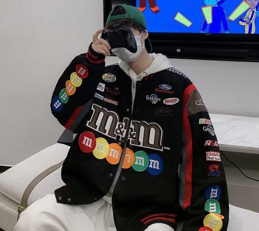 Bomber Jacket Men Women Hip Hop M&M Embroidery Motorcycle