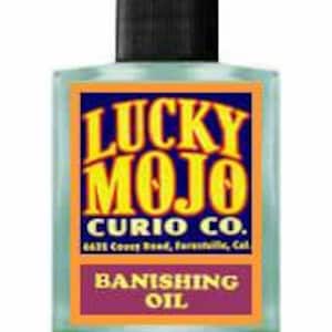 May include: A clear glass bottle with a black cap, labeled "Lucky Mojo Curio Co. Banishing Oil".