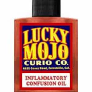 May include: A small glass bottle with a black cap and a red label. The label reads "Lucky Mojo Curio Co." and "Inflammatory Confusion Oil".