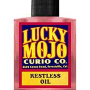 May include: A small glass bottle with a black cap, filled with a red liquid. The bottle has a yellow label with the text "Lucky Mojo Curio Co." and "Restless Oil" in black lettering.