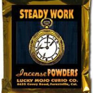 May include: A gold foil pouch with a black and white image of a pocket watch with the words "STEADY WORK" and "Incense POWDERS" printed on it. The pouch also includes the text "LUCKY MOJO CURIO CO. 6635 Covey Road, Forestville, Col."