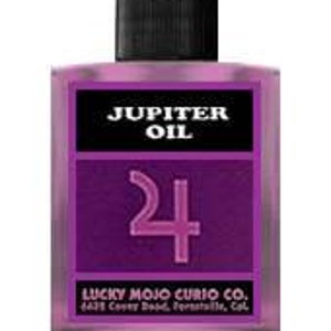 May include: A purple glass bottle with a black cap and a label that reads "Jupiter Oil" and "Lucky Mojo Curio Co.". The bottle has a pink symbol of the planet Jupiter with the number "24" inside.