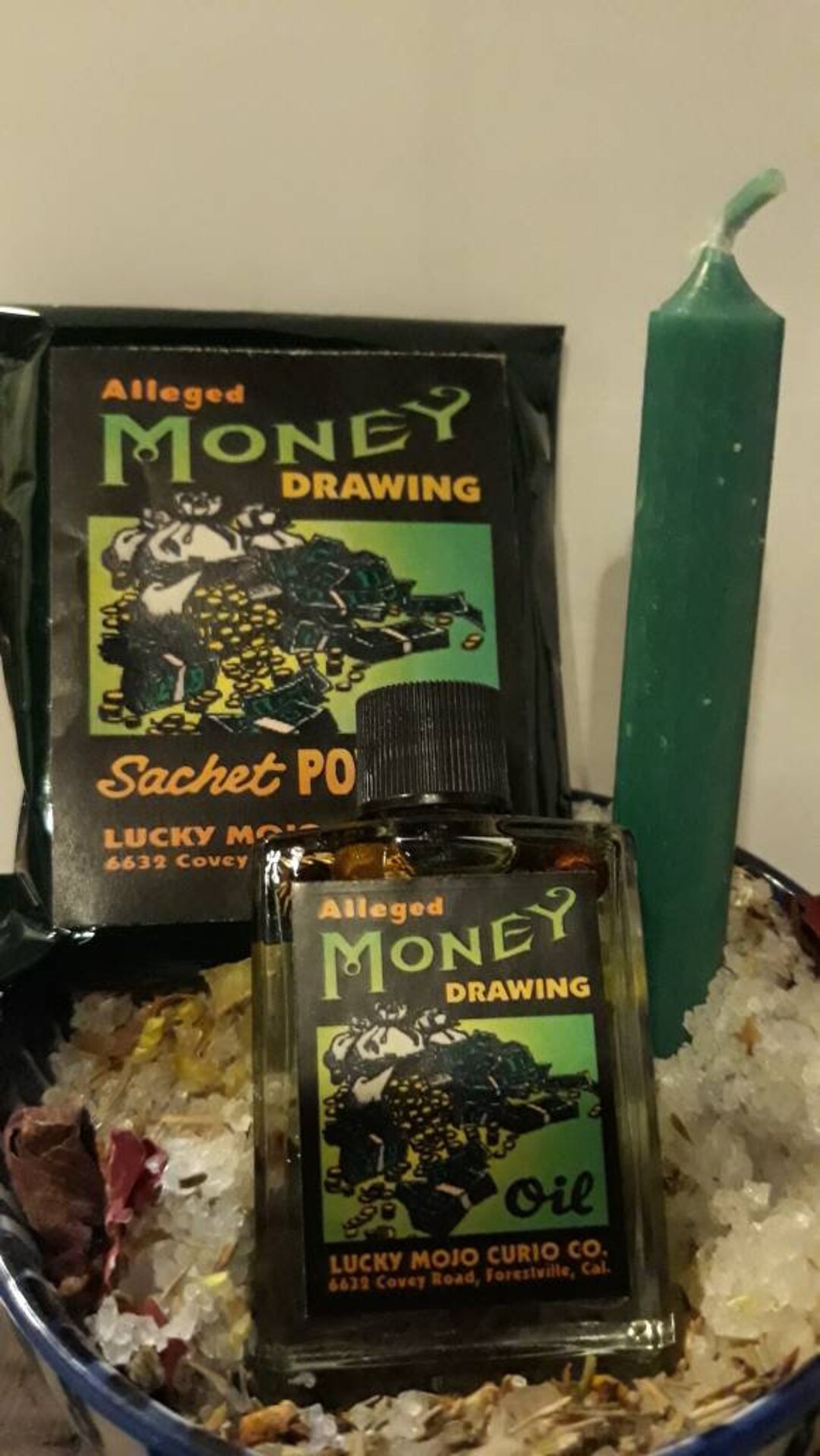 Genuine Lucky Mojo Alleged Money Drawing Oil, Sachet Powder, and Green