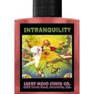May include: A glass bottle of perfume with a black cap and a label that reads "Intranquility" and "Lucky Mojo Curio Co.". The label features a vintage illustration of a man in a robe with a halo, holding a book and a scale.