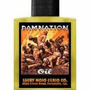 May include: A yellow glass bottle with a black cap and a label that reads "Damnation Oil" with a graphic of people in a fiery scene. The label also includes the text "Lucky Mojo Curio Co. 6023 Clover Song, Fayetteville, Cal."