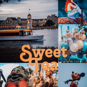 May include: A collage of images featuring various Disney characters and locations. The collage includes a boat on a lake, a mermaid, a group of balloons, a character from the movie 'Fantasia', a couple of golden dogs, and Mickey Mouse standing on a globe. The text 'Sweet Tea' is written in orange letters on a brown background.