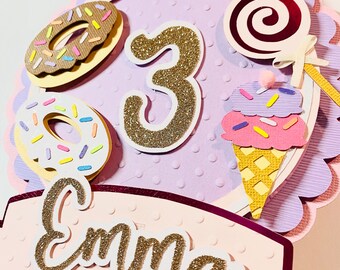 Donut Cake Topper: Custom Glitter Cardstock Birthday Party Decor