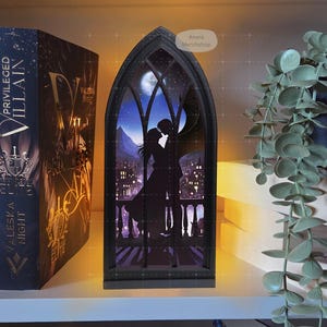 Fantasy window booknook with mountains, fantasy college for book lovers, Gothic window bookshelf decoration 3D printed