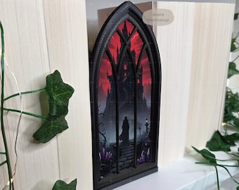 Rincón de libros con ventana de fantasía para amantes de la lectura, decoración de estantería con ventana gótica impresa en 3D