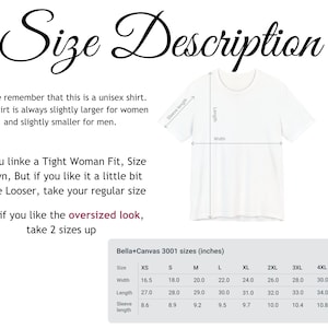 May include: Size chart for Bella+Canvas 3001 unisex shirts, showing measurements in inches for width, length, and sleeve length. Sizes range from XS to 5XL.
