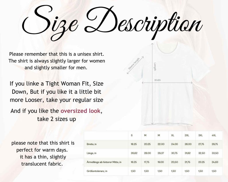 May include: Size chart for a unisex t-shirt with measurements in inches. The chart shows the width, length, sleeve length, and tolerance for sizes S, M, L, XL, 2XL, 3XL, and 4XL.