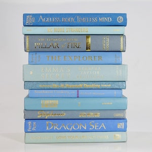 Op de afbeelding: Een stapel van 12 blauwe en lichtblauwe hardcover boeken met gouden letters op de ruggen. De titels van de boeken zijn: "Ageless Body, Timeless Mind", "No More Strangers", "The Promised Land", "Pillar of Fire", "The Explorer", "Emma's Secret", "Do-It-Yourself Destiny", "Southwest Cookery, or", "Leadership", "Stephanie", "Dragon Sea", en "Love Your Life Not Theirs".