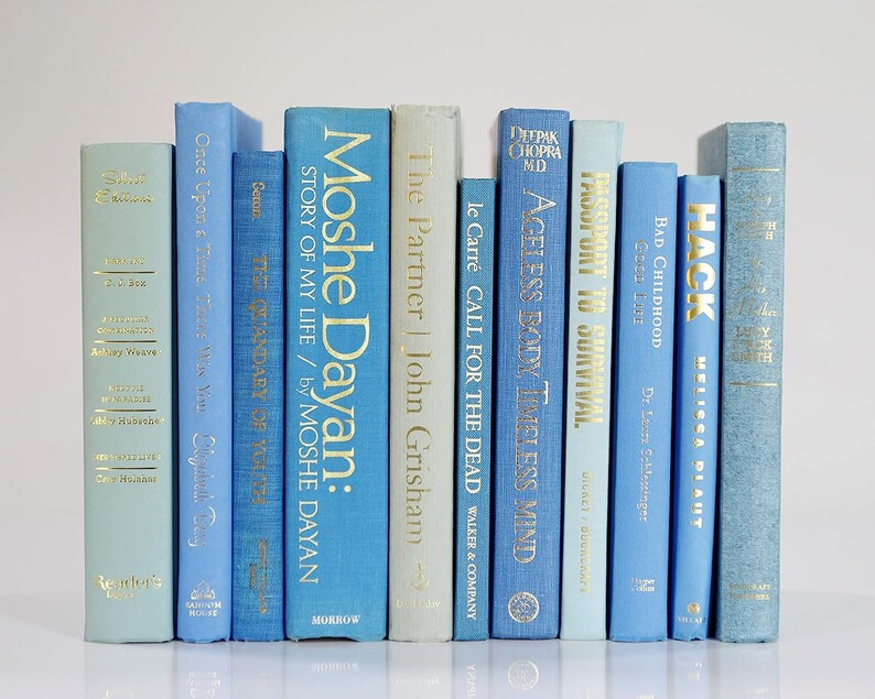 Op de afbeelding: Een verzameling blauwe en lichtblauwe hardcover boeken met gouden letters op de ruggen. De boeken zijn in een rij op een wit oppervlak gerangschikt. De titels van de boeken zijn "Moshe Dayan: Story of My Life", "The Partner", "Ageless Body Timeless Mind", "Passport to Survival", "Bad Childhood" en "Hack".