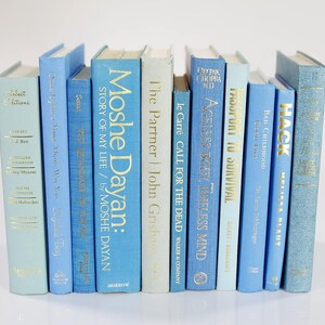 Op de afbeelding: Een stapel blauwe en lichtblauwe hardcover boeken met gouden letters op de ruggen. De titels zijn "Moshe Dayan: Story of My Life", "The Partner", "Ageless Body Timeless Mind", "Hack" en "Bad Childhood".