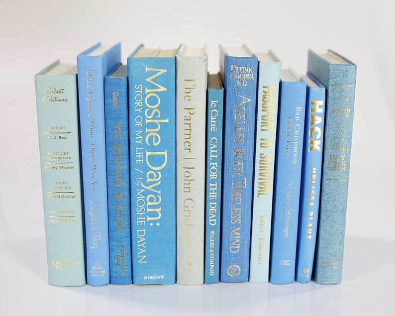 Op de afbeelding: Een stapel blauwe en lichtblauwe hardcover boeken met gouden letters op de ruggen. De titels zijn "Moshe Dayan: Story of My Life", "The Partner", "Ageless Body Timeless Mind", "Hack" en "Bad Childhood".