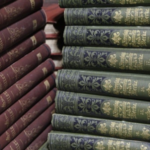 Antique Christmas Red & Green Books- 19th Century, Victorian Christmas, Old books, Books for interior decorating, 1800s holiday parties
