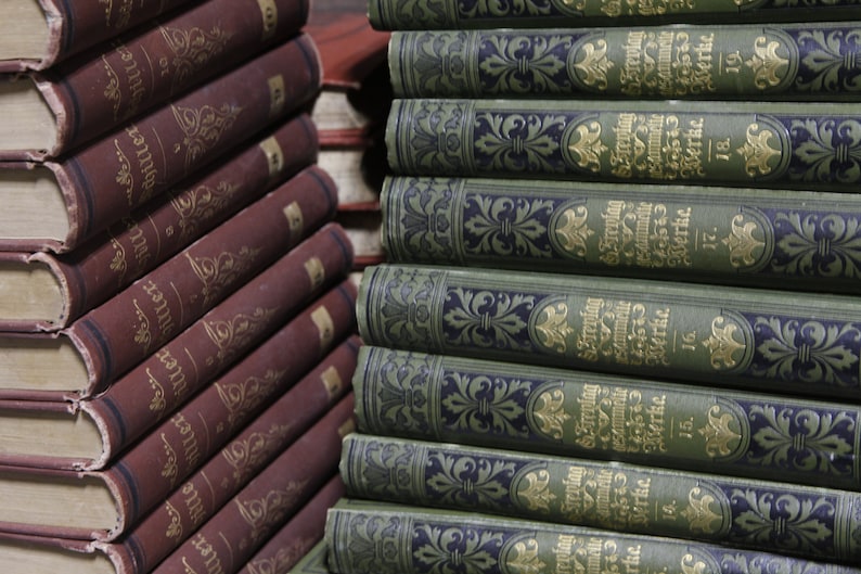 May include: A stack of vintage hardcover books with brown and green covers. The books have gold lettering and decorative designs on the spines. The text on the spines reads "The Werke" and "Friedrich Schiller".