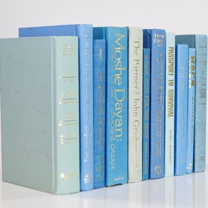 Op de afbeelding: Een stapel blauwe en lichtblauwe hardcover boeken met gouden letters op de ruggen. De titels zijn "Hack", "Passport to Survival", "Ageless Body Timeless Mind", "Le Carre Call for the Dead", "The Partner", "Moshe Dayan: Story of My Life", "Once Upon a Time I Lost My Way", "The Nature of Love", "The Nature of Time" en "Salvation".