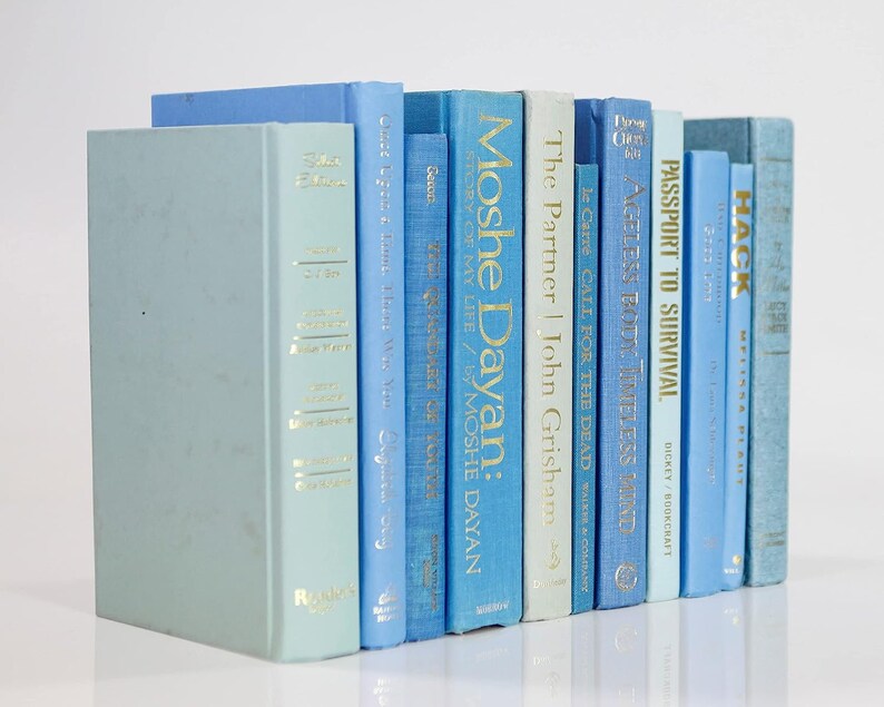 Op de afbeelding: Een stapel blauwe en lichtblauwe hardcover boeken met gouden letters op de ruggen. De titels zijn "Hack", "Passport to Survival", "Ageless Body Timeless Mind", "Le Carre Call for the Dead", "The Partner", "Moshe Dayan: Story of My Life", "Once Upon a Time I Lost My Way", "The Nature of Love", "The Nature of Time" en "Salvation".