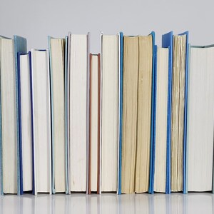 Op de afbeelding: Een rij van gebonden boeken met verschillende rugkleuren, waaronder blauw, wit en beige. De boeken zijn verticaal gerangschikt en allemaal even groot.