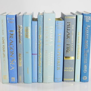 Op de afbeelding: Een verzameling van tien blauwe en lichtblauwe hardcover boeken met gouden letters op de ruggen. De boeken zijn verticaal in een rij gerangschikt. De titels van de boeken zijn "Dragon Sea", "Emma's Secret", "The Explorer", "Pillar of Fire", "Ageless Body Timeless Mind", en "Love Your Life Not Others".