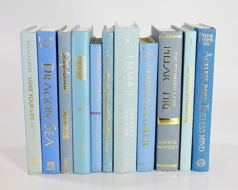 Op de afbeelding: Een verzameling van tien blauwe en lichtblauwe hardcover boeken met gouden letters op de ruggen. De boeken zijn verticaal in een rij gerangschikt. De titels van de boeken zijn "Dragon Sea", "Emma's Secret", "The Explorer", "Pillar of Fire", "Ageless Body Timeless Mind", en "Love Your Life Not Others".