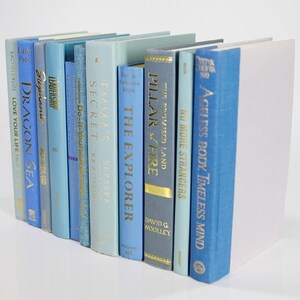 Op de afbeelding: Een verzameling blauwe en lichtblauwe hardcover boeken met gouden letters op de ruggen. De titels zijn "Dragon Sea", "Leadership", "Secrets", "Emma's", "The Explorer", "Pillar of Fire", "The Promised Land", "No More Strangers" en "Ageless Body, Timeless Mind".