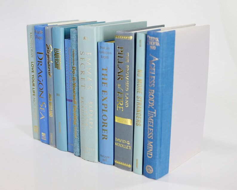 Op de afbeelding: Een verzameling blauwe en lichtblauwe hardcover boeken met gouden letters op de ruggen. De titels zijn "Dragon Sea", "Leadership", "Secrets", "Emma's", "The Explorer", "Pillar of Fire", "The Promised Land", "No More Strangers" en "Ageless Body, Timeless Mind".