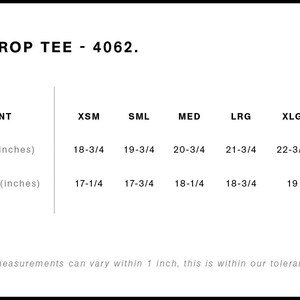 May include: A white graphic with the text "WO'S CROP TEE - 4062." and a size chart showing body width and length measurements in inches for sizes XSM to 2XL. The chart includes measurements from 17-1/4 to 23-1/2 inches.