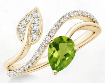 14k Yellow Gold Pear Peridot Bypass Ring with Moissanite Leaf Design August Birthstone Jewelry Nature-Inspired Ring for Women Gifts for Her