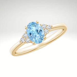 Minimalist 14k Yellow Gold Oval Aquamarine and Moissanite Solitaire Engagement Ring, Promise Ring for Women Gifts for Her