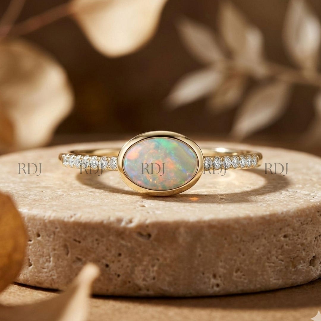 14K Solid Yellow Gold Oval Opal & Moissanite Ring – East-west Bezel Set ...