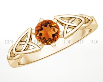 14k Yellow Gold Citrine Ring, Celtic Knot Solitaire, November Birthstone
