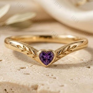 Bague coeur en améthyste en or massif 14 carats, alliance avec chevrons gravés de feuilles inspirées de la nature, cadeau bague empilable en forme de V pour elle