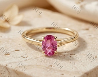 14K massief geelgouden ovale roze saffierring, griffenset Cathedral Solitaire-verlovingsring, beloftering voor vrouwen