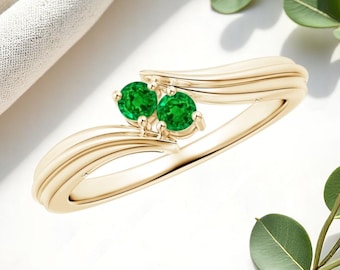 Lab Emerald Two Stone Ring: 14K Gold Vermeil Bypass Style