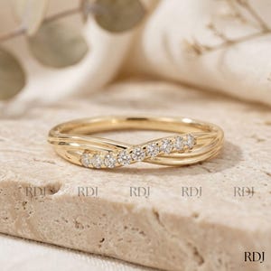 14K Solid Yellow Gold Criss Cross Moissanite Wedding Ring, X Shape Style Ring, Minimalist Bridal Band, Stackable Promise Ring Gift For Her
