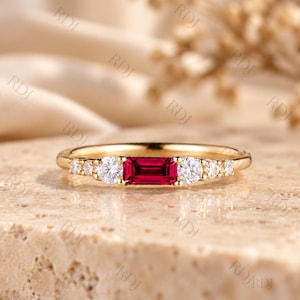 14K Solid Gold Ruby Engagement Ring, Emerald Cut Red Ruby Ring, Moissanite Accent Wedding Band, Minimalist Anniversary Ring, Bridal Jewelry