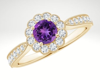 Amethyst Ring, 14K Yellow Gold Vermeil, Moissanite Halo, Vintage Engagement Jewelry
