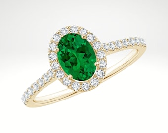 Dainty 14K Yellow Gold Oval Emerald Halo Ring with Moissanite Accents Prong Set Engagement Ring, May Birthstone Gift for Her