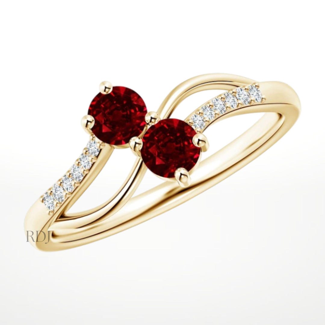 14k gold stackable ruby ring, ruby engagement ring,... Minimalist 14k Gold Two Stone Ruby Ring: Split Shank Engagement - Etsy