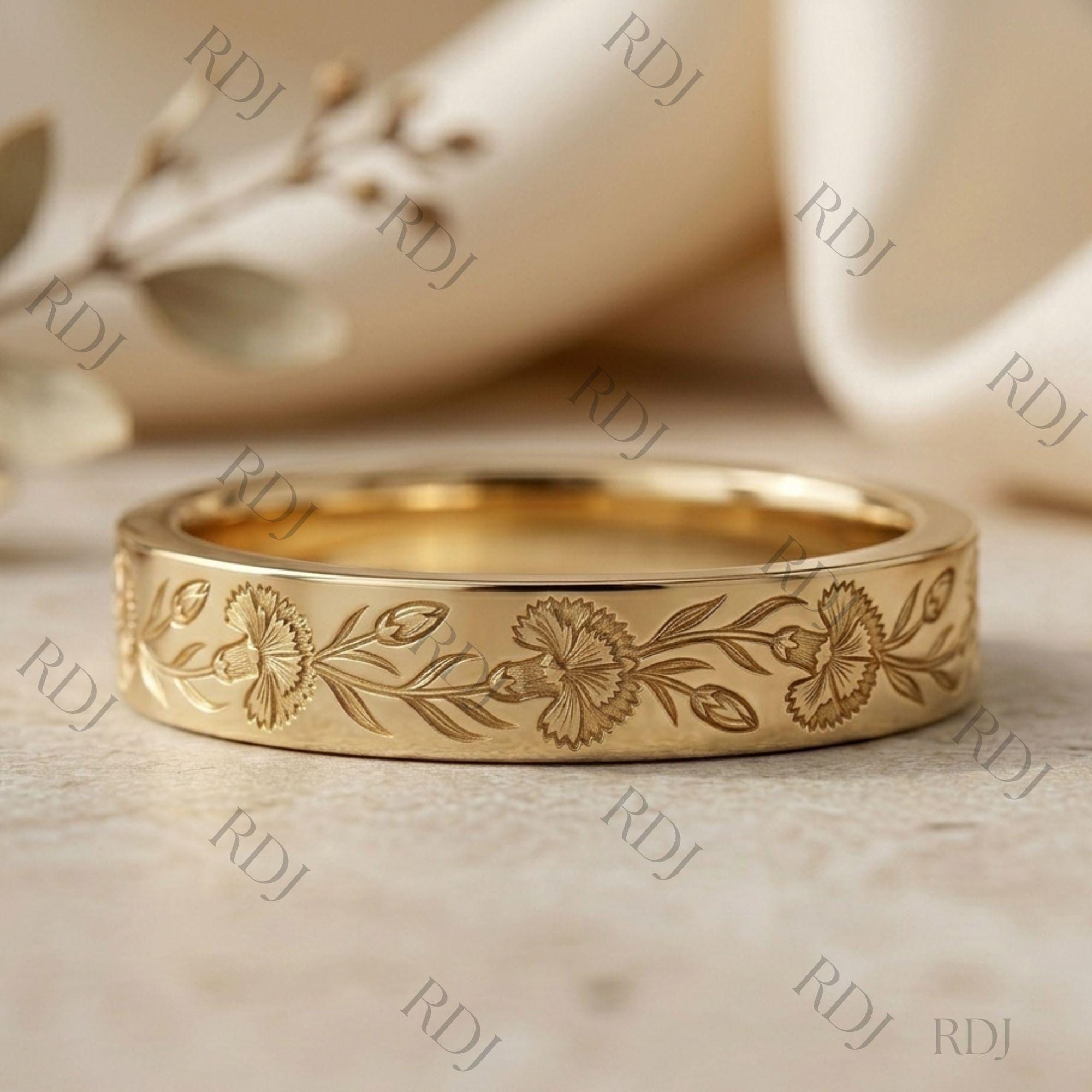 14K Solid Yellow Gold Carnation Flower Wedding Band 5mm