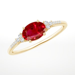Dainty 14k Yellow Gold Oval Ruby Ring: Moissanite Accent Engagement Ring