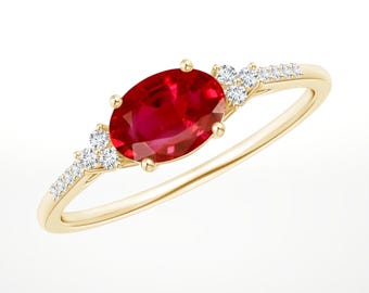 Zierlicher 14k Gelbgold Oval Rubin Ring: Moissanite Akzent Verlobungsring