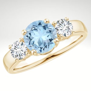 Vintage Round Cut Aquamarine Ring, 14k Yellow Gold Ring, Aquamarine Moissanite Ring, Unique Prong Set Ring, March Birthstone Gifts