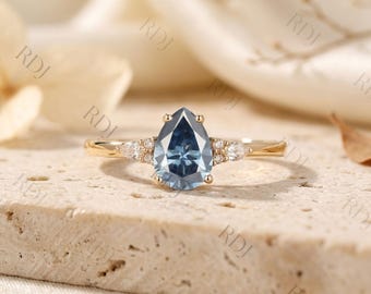 Blue Grey Moissanite Ring Pear Cut, Antique Teardrop Engagement Ring, Rose Gold Wedding Ring, Unique Promise Ring for Her