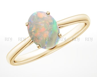 Dainty 14k Yellow Gold Opal Ring, October Birthstone