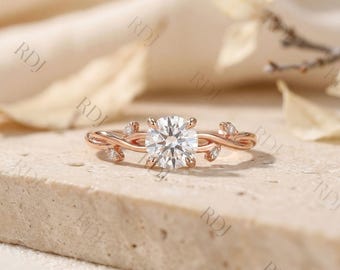 Anillo de compromiso de moissanita inspirado en la naturaleza, anillo de hojas de rama, anillo de boda orgánico único, anillo de novia de oro macizo, regalo para ella.