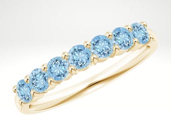 Dainty 14K Yellow Gold Ring Aquamarine Seven Stone Half Eternity Ring Stackable March Birthstone Jewelry for Women Gifts for Her